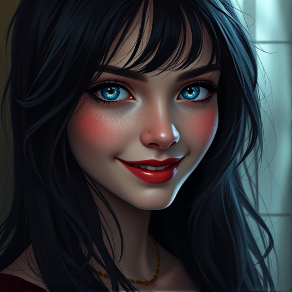 Vampire Katherine Pierce with bright blue eyes and dark black hair but with a happy demeanor