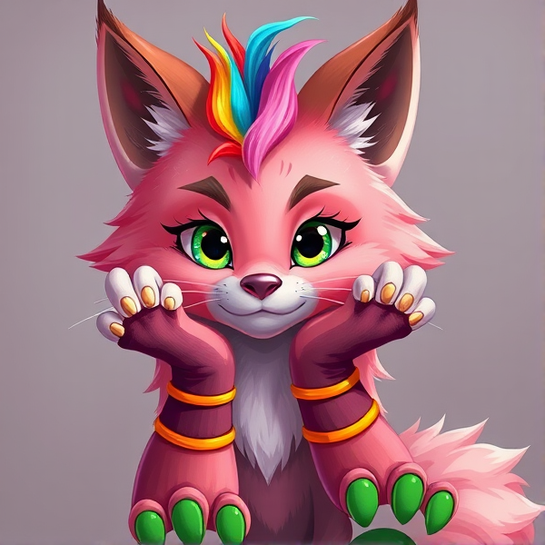 Unique fursona cat dog fox wolf pink and brown furry with scenecore fingerless gloves  and rainbow hair tuft, brightly coloured bracelets over the hands. Green paw pads full body artwork reference cartoony styled