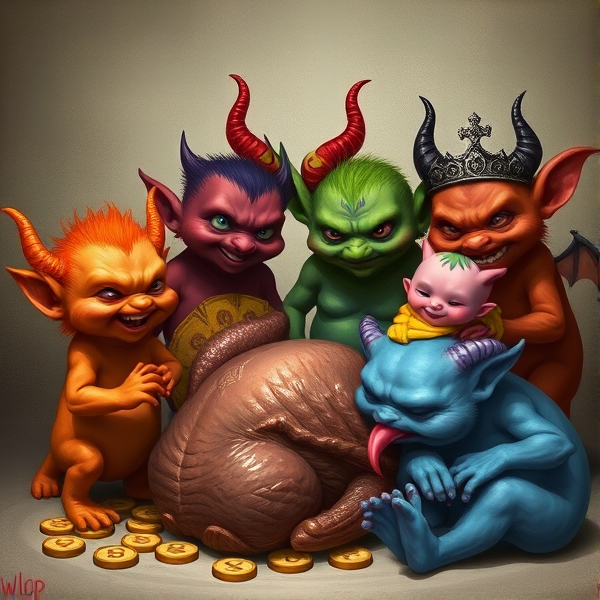 7 little imps who embody the 7 deadly sins. Pride is an orange imp who wears a crown. Wrath is a red imp with fiery horns. Greed is a purple imp who lays in a bed of coins. Envy is a green imp who side eyes the other imps. Gluttony is a yellow imp who devours a whole turkey. Lust is a pink imp who sticks his tongue out seductively. Sloth is a blue imp who sleeps on the floor.
