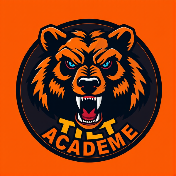 Conception d'un logo circulaire pour une équipe de football, mettant en vedette un grizzly féroce aux yeux bleu pâle, incorporé avec des nuances vibrantes d'orange et de noir. Le design doit exsuder dynamisme et agressivité. Le nom 'Tilt Académie' devrait être inscrit en lettres tridimensionnelles stylisées et intégrées de façon harmonieuse au centre du cercle