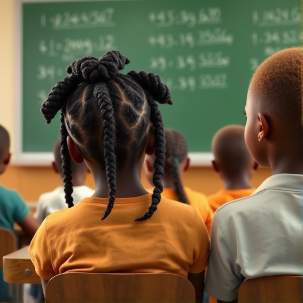des filles noires de huit ans avec des tresses africaine et des garçons assis dans une classe face au tableau vert sur lequel il y a des calculs mathématiques
