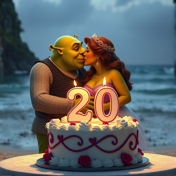 Shrek and ogre Fiona kiss behind a wedding cake with the number 20 candle on the beach