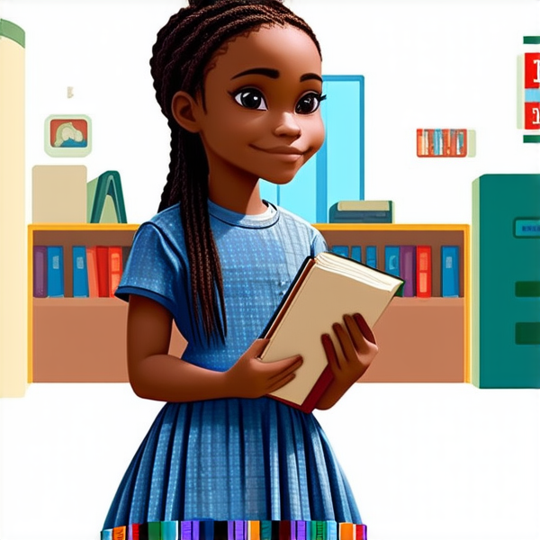 petite fille noire de 8ans en robe avec des tresses africaines tenant un cahier devant une ecole primaire