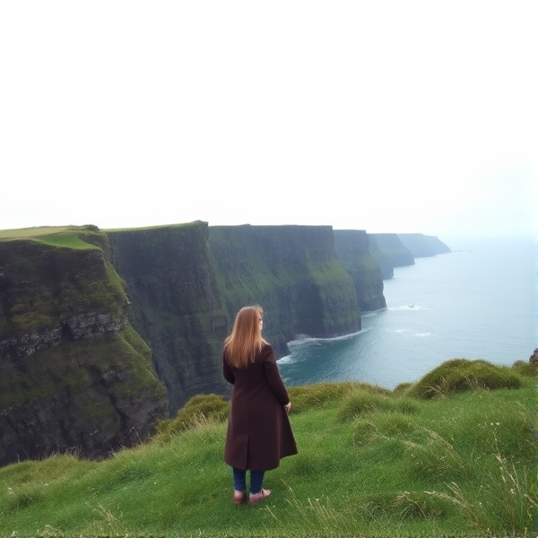 Cliffs of Moher very calming with girl facing other way in a long coat. The sky is grey and the grass is green with very blue water