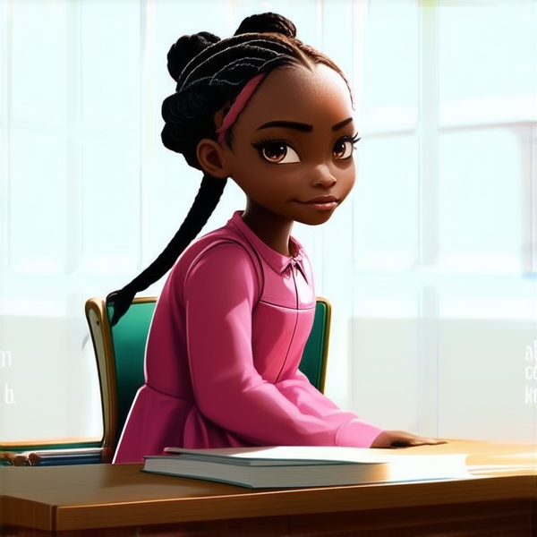 jolie petite fille noire de 8ans en robe avec des tresses africaines assise sur un bureau dans une salle de classe