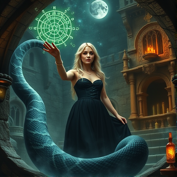 blonde haired druidess woman wearing a black dress, summons a shadow snake in her castle dungeon filled with astrology and potions