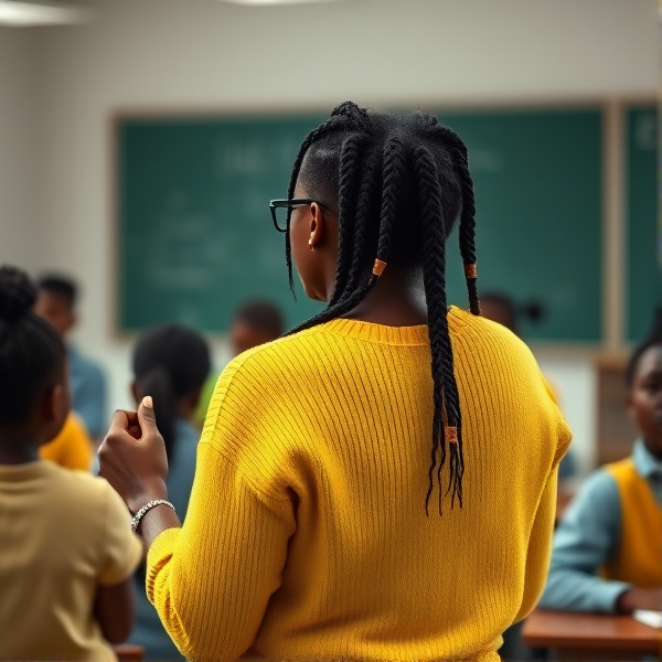 Une institutrice noire âgée de quarante avec des tresses africaines ans vêtue d'un pull jaune le dos tourné écrivant au tableau dans une salle de classe avec des élèves noires agés de huit ans