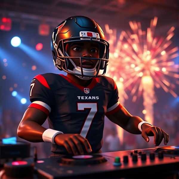 Animated black quarterback wearing number 7 jersey for Houston texans  DJing a  Football theme edm party. Pyrotechnics and lights in background