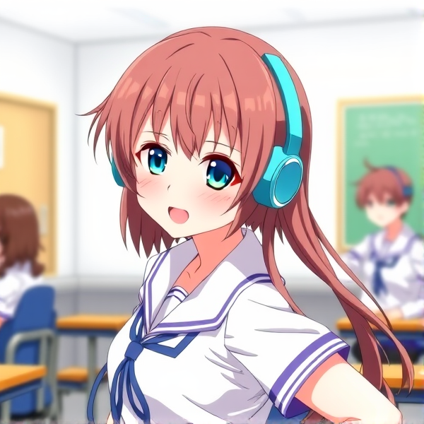 Prompt: Miku Nakano de "The Quintessential Quintuplets" en uniforme scolaire, cheveux brun  avec son casque audio bleu caractéristique dans un style d'animation japonaise détaillé, pose souriante et énergique, arrière-plan flou de salle de classe