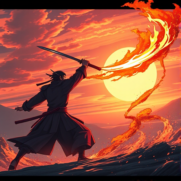 One japanese samurai swings his sword at the other samurai but the samurai dodges it with a flaming sword at sunrise