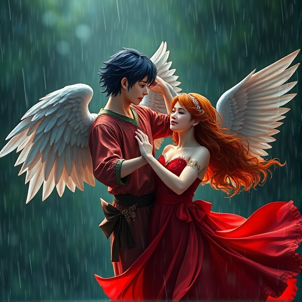 Black haired Male angel and red haired female angel dance in the rain