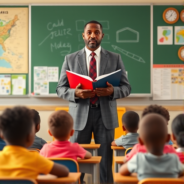 Directeur d'école afro-américain debout tenant un classeur ouvert dans ses mains portant un costume formel, dans une salle de classe avec un tableau vert, s'adressant  à un groupe d'élèves afro-américaines attentives de huit ans assises à leurs pupitres. Ils sont entourés de matériel pédagogique adapté à leur âge, comme des cartes géographiques, des affiches éducatives et des dessins d'enfants accrochés aux murs. La scène dégage une atmosphère chaleureuse et encourageante.