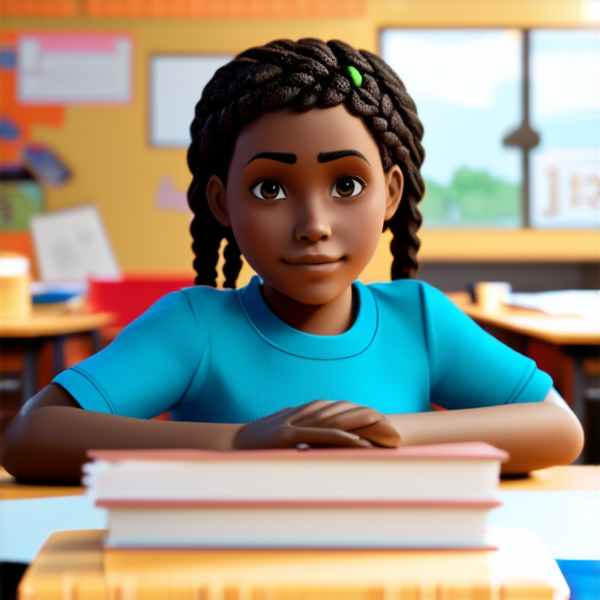 petite fille noire de 10 ans avec des tresses africaines  dans une salle de classe avec des cahiers en main