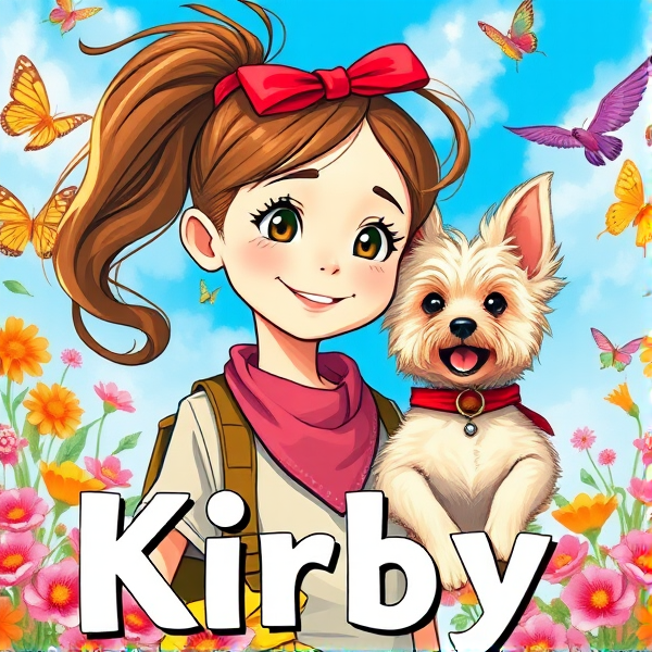 Bright, whimsical book cover design showcasing a spirited 10-year-old girl with a bouncy brown ponytail secured by a cherry-red ribbon, her small round eyes twinkling with mischief and wonder. The protagonist is center-stage on an exuberant quest, the background a beautiful blue sky.  Surrounding her are playful elements that resonate with girls her age: iridescent butterflies dancing in the air, lush, multicolored flowers blooming wildly at her feet, and charming birds with elaborate plumage. Accompanying her is a joyous blonde long-haired Maltese terrier, its floppy ears framing a face full of affection as it gazes at the girl; around its neck is a crimson bandana that flutters in the breeze. The scene pulses with the thrill of childhood adventures—look for an intricately detailed compass clutched in the girl's hand, binoculars draped around her neck, and intriguing hidden paths that invite secret explorations. Bold, playful typography leaps off the cover, spelling out "Undercover Kirby" in letters designed to spark imagination and convey a sense of exhilarating fun. Opt for an art style that echoes realistic hand-drawn illustrations to capture this timeless narrative of curiosity and discovery. The girls eyes should proportionate to face, not cartoon style. Dog has long ears that hang down