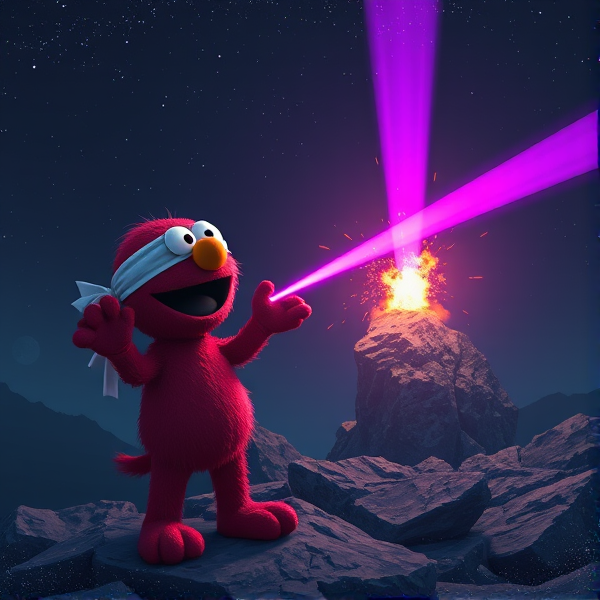 Elmo with a blindfold on exploding a rock in the distance using a purple beam of light when it’s pitch dark at night