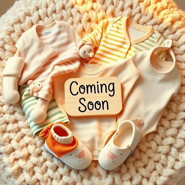 Close-up of a heart-shaped arrangement of various baby garments, such as onesies, bibs, and booties, on a plush woolen blanket. The palette features soft pastel hues adorned with playful patterns like stripes and polka dots. Each piece is embellished with gender-neutral motifs including animals and clouds. At the heart's center lies a petite wooden placard inscribed with "Coming Soon" in whimsical black script, all set against a warm, softly illuminated backdrop to evoke a sense of comfort and anticipation.