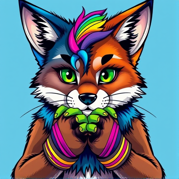 Unique fursona cat dog fox wolf blue and purple and brown furry with scenecore gloves and rainbow hair tuft, brightly coloured bracelets over the hands. Green paws