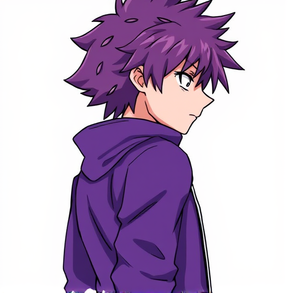 My hero academia oc. Purple fluffy hair. Male. Side view down to waist.