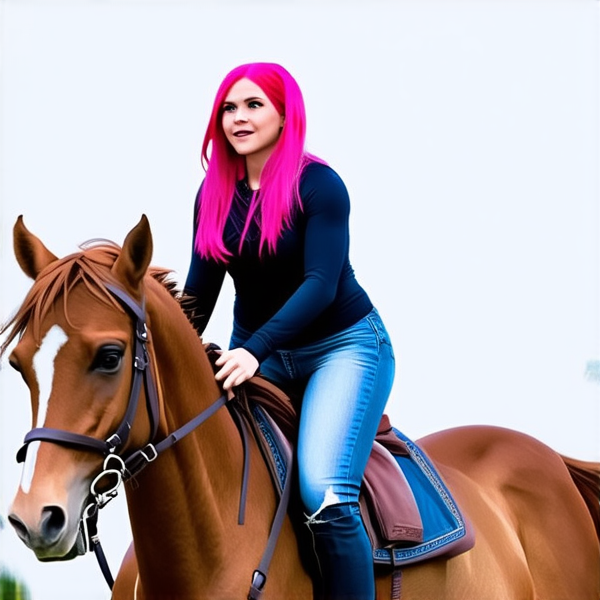 De profil : Une femme aux chauveux rose fushia, sur un cheval au galop. elle porte un jean, elle a les chauveux lachés