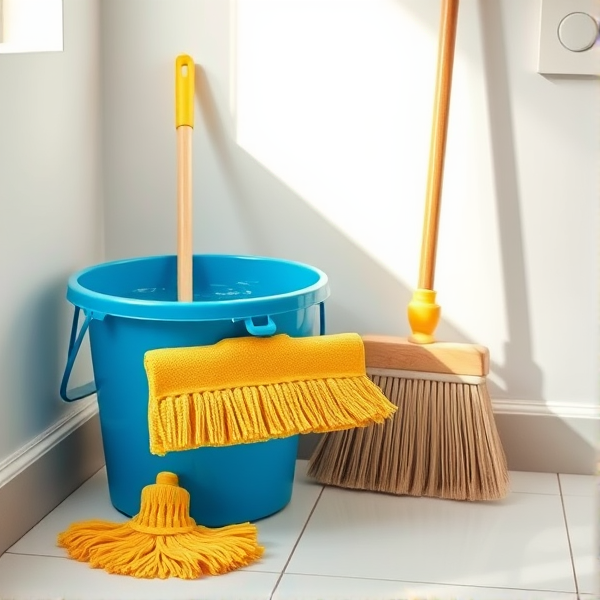A meticulously arranged cleaning corner in a brightly lit room, featuring a shiny blue bucket filled with crystal-clear water, a neatly folded yellow mop resting beside it, a stiff-bristled scrub brush, and an upright broom with clean, natural straw bristles set against the wall. Soft shadows accentuate the textures of each object and the clean, tiled floor reflects the ambient light