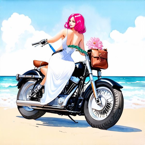 Aquarelle : Femme avec des cheveux rose fuchsia sur une harley noir roule sur le plage. elle porte une robe blanche à grosse fleur rose layette et une sacoche à main en cuir marron lanière rose et bleu et vert porté en bandoulière