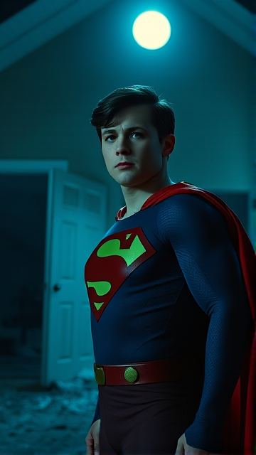 1990's Movie Scene: Jon Kent, AKA Superboy, the young little 12-year old super son of Superman, and the first kid to be born as the world's first Half-Kryptonian child, with an extremely muscular body, the iconic costume, the singular curled bang sticking out at the front of his flat and smooth hair, and a long cape, standing in an abandoned house at night, looking for clues to the mystery he is trying to solve.