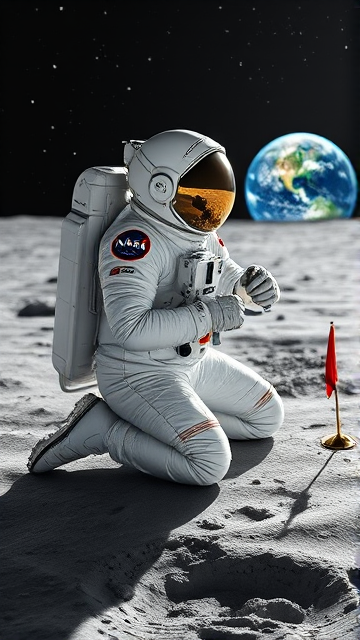 Un astronaute méticuleux vêtu d'une combinaison spatiale très détaillée aux nuances de blanc perle et d'acier chromé, avec des marques distinctives fidèles à l'esthétique NASA et des éléments réfléchissants subtiles, se tient agenouillé dans une posture mesurée et symétrique sur le sol gris poussiéreux et richement texturé de la lune. La scène est baignée dans une lumière douce et diffuse émanant d'un ciel nocturne profond, constellé d'étoiles scintillantes dévoilant des constellations précises et un dégradé harmonieux allant du noir ébène au bleu outremer. Son casque spacieux offre un effet miroir parfait, reflétant les alentours avec clarté alors que ses gants renforcés, équipés de systèmes de contrôle tactile avancés, manœuvrent habilement les instruments spécialisés pour la culture en apesanteur. Concentré sur sa tâche, il utilise une trousse d'outillage spécifique pour la plantation qui comprend des pipettes de précision, afin de planter minutieusement des graines de pavot dans le substrat enrichi en nutriments essentiels situé à l'intérieur d'un biodôme lunaire transparent. Ce dernier abrite un réseau complexe et finement conçu de systèmes hydroponiques avant-gardistes accompagnés d'une installation lumineuse à spectre complet soigneusement ajustée pour simuler les conditions optimales terrestres nécessaires à la photosynthèse en milieu extraterrestre. En arrière-plan se profile un module d'atterrissage spatial au design sophistiqué et épuré qui arbore avec distinction le logo emblème du Québec sur son flanc poli. Le paysage lunaire alentour contraste fortement avec ce signe de présence humaine grâce à ses cratères nets et ses monticules réalistes. Suspendue au-dessus de l'horizon sélénite, la Terre offre une toile spectaculaire aux couleurs vibrantes mais naturelles : océans azurés, continents verdoyants teintés par la diversité des biomes terrestres et nuages filamenteux caressant doucement l'atmosphère visible. Non loin du site d'expérimentation agricole spatial se trouvent judicieusement disposés différents instruments scientifiques ultra-précis: capteurs environnementaux multiparamètres, moniteurs de croissance végétale dotés d'I.A., ainsi qu’un petit panneau solaire flexible assurant l'énergie nécessaire à leurs fonctions. Un petit fanion du Manchester City Football Club flotte doucement sur le côté du module habitable, ajoutant une touche ludique à cet environnement studieux qui symbolise également un partenariat entre les sciences spatiales et le sport représentatif de cette nouvelle 'Manchester City' interplanétaire