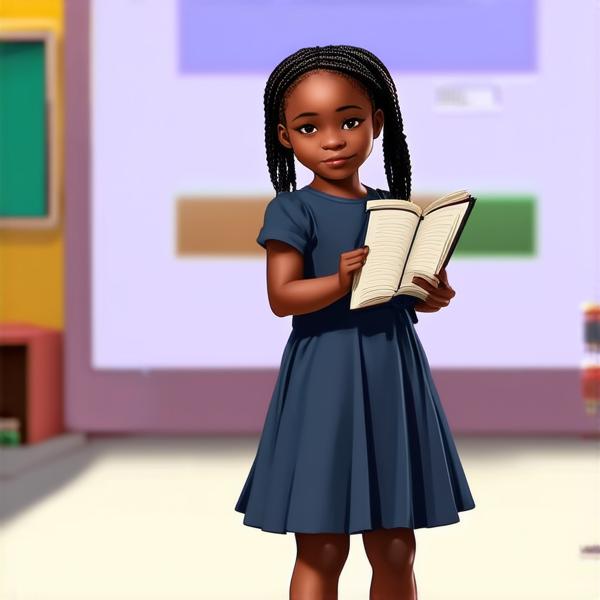 jolie petite fille noire de 8ans en robe avec des tresses africaines tenant un cahier devant une ecole primaire
