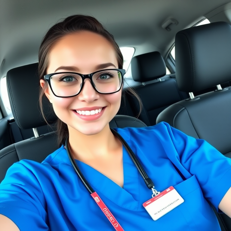 Selfie of a beautiful nurse wearing blue scrubs, sitting in the back seat of a car with an ID card around her neck and glasses on.