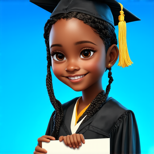 jeune fille noire de huit ans avec des tresses africaines traditionnelles, habillée élégamment pour une cérémonie de remise de diplôme, tenant son certificat, souriante et fière