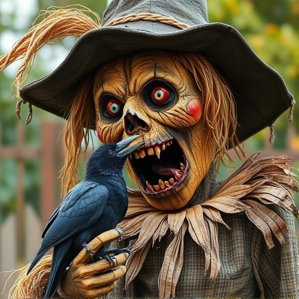 Épouvantail creepy qui dévore un corbeau