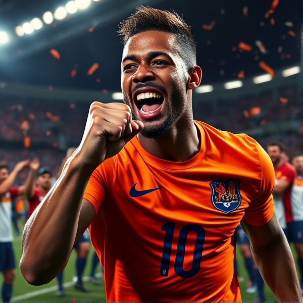 Portrait hyperréaliste de Memphis Depay en pleine célébration d'un but décisif pendant la Coupe du Monde pour les Pays-Bas. L'intensité de l'émotion est palpable dans chaque détail de son expression, les yeux étincelants d'une flamme compétitive, injectés de sang et gorgés de larmes de bonheur. La peau est parsemée de gouttelettes de sueur reflétant la lumière crue des projecteurs qui soulignent sa musculature parfaitement définie et sa mâchoire carrée révélant le travail acharné et la discipline. Les cheveux coupés court sont légèrement hérissés par l'électricité du moment, tandis que des marques distinctives comme ses tatouages caractéristiques et sa barbe soigneusement taillée ajoutent à l'authenticité du portrait. Il porte le maillot officiel de son équipe nationale néerlandaise, dont le tissu orange vif adhère à son corps comme une seconde peau, mettant en avant le numéro 10 légendaire avec une netteté exceptionnelle. Dans un élan passionné, il serre un poing victorieux devant lui alors qu'il semble rugir vers les cieux orageux qui crépitent au-dessus du stade vibrant sous les chants triomphants des fans aux visages peints avec les couleurs patriotiques orange et blanc. Des confettis volent dans l'air autour de lui et sur le terrain gorgé d'eau qui reflète le chaos jubilatoire environnant. Ses coéquipiers au second plan s'enlacent en une mosaïque vivante d'énergie collective tandis que leurs silhouettes se détachent nettement contre l'éclairage stroboscopique intermittent et les flashes des photographes capturant ce moment historique