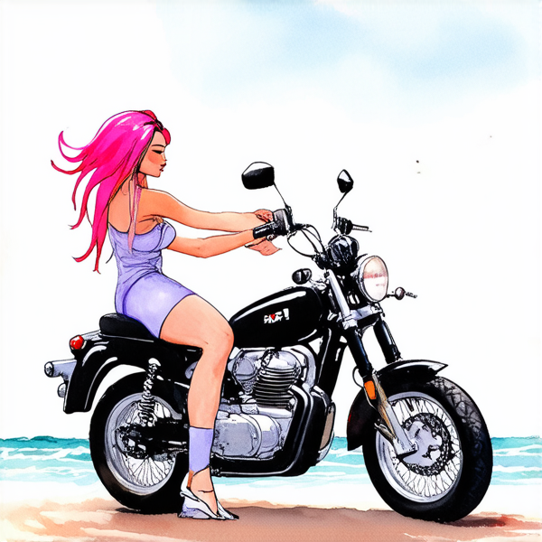 Aquarelle : Femme avec des cheveux rose fuchsia sur une moto noir roule sur le plage