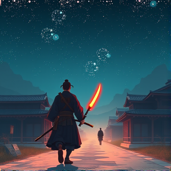 one samurai follows another which is walking through a japanese village with a flaming sword with stars in the night sky