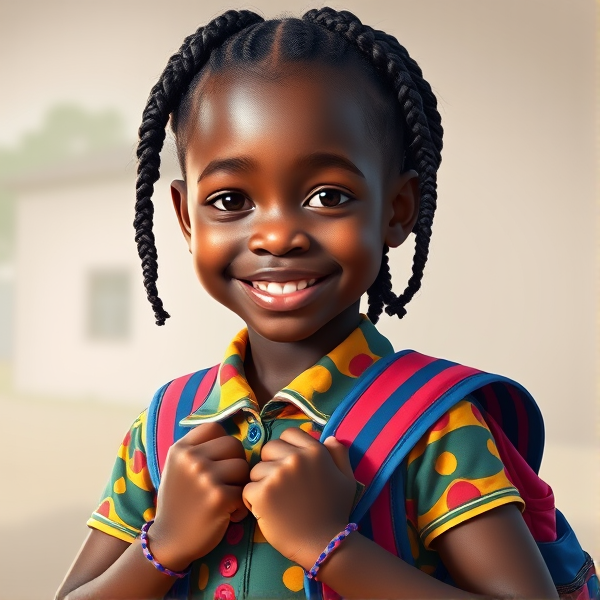 Jeune fille africaine de huit ans avec des tresses traditionnelles, vêtue d'un uniforme scolaire multicolore et joyeux, souriante et tenant fermement un cartable neuf et coloré