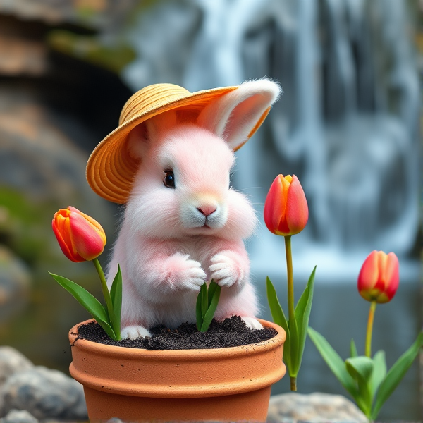 A cute mini pink fluffy hare with fluffy sagging  ears in a jupiter pot with soil and A Sunshine hat holding a tulip in front of a water fall in realism