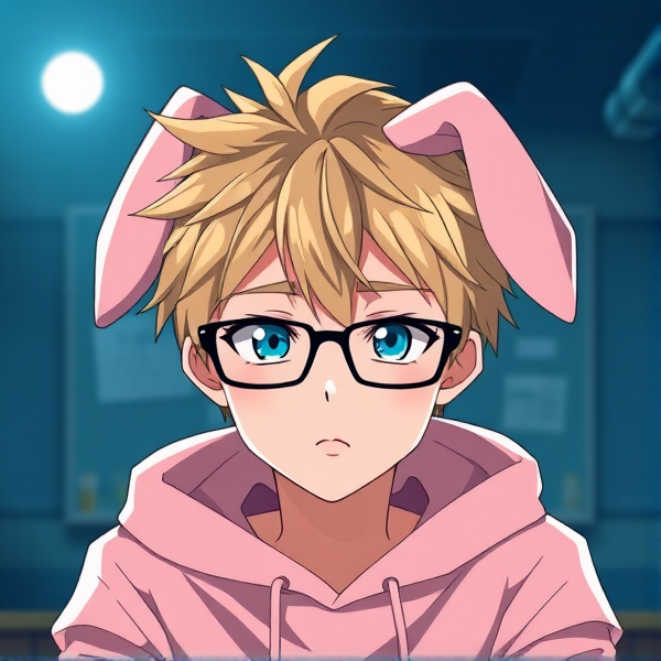,1 boy my hero academia, bakugou face,blonde messy hair, small sleepy light blue eyes, thin black glasses, bunny ears on head, pink oversized hoodie jumper, serious face, classroom,