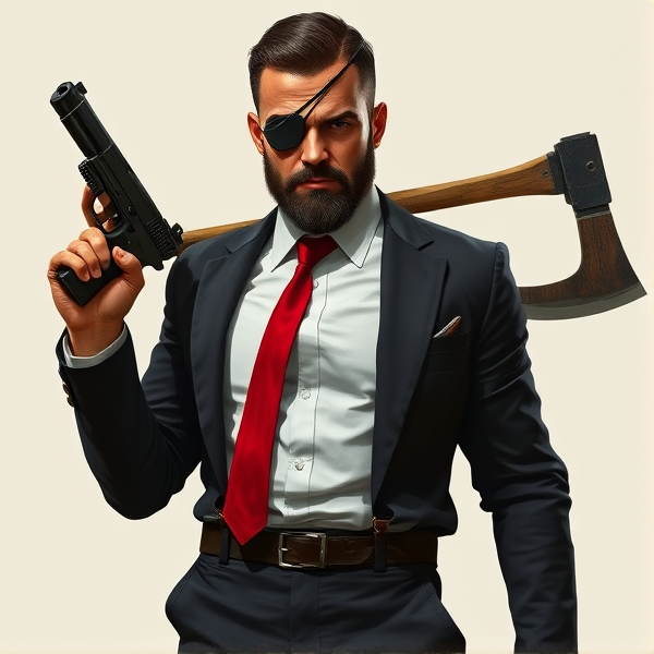 A highly detailed, full-body portrait of John Abraham Marston, an embodiment of the quintessential rugged male operative. He sports a short, jet-black haircut and a meticulously groomed beard that contours his jawline and highlights his resilience. His left eye is obscured by a tactical eyepatch, beneath which runs a pronounced scar—a silent chronicle of his combat experiences and the resultant loss of vision. Poised with an air of cultivated authority, he is dressed in a crisp white button-down shirt neatly tucked into expertly fitted black trousers, held up by shining leather suspenders. A vivid red tie adds a pop of color to his ensemble. His look is completed by a bespoke black blazer with discreet Kevlar reinforcement for discreet protection, hinting at the dangers inherent in his line of work. Shiny dress shoes anchor his feet, reflecting the seriousness with which he approaches his duties. Equipped for engagement, John carries Desert Eagles with matte black finishes and custom green laser sights for supreme accuracy. Overlapping behind him in an X configuration are his signature melee implements: a razor-edged katana and a robust fireman's axe—silent affirmations of readiness for hand-to-hand conflict. These elements underscore his allegiance to "the agency," where he navigates the shadowy corners of society while silently battling alcoholism as a means to manage post-traumatic stress disorder symptoms. His left arm reveals cybernetic enhancements acquired from past experimentation