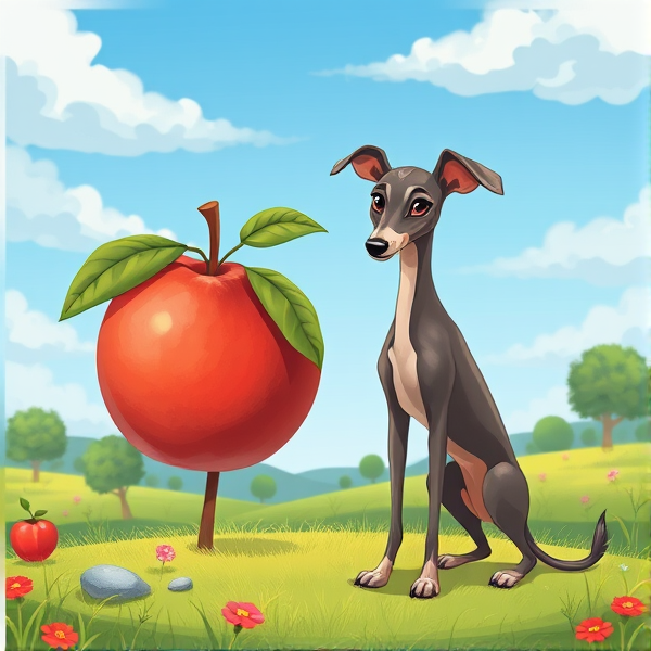Big ripe peach in the landscape with a sleek Italian greyhound perched alongside, set against a clear blue sky