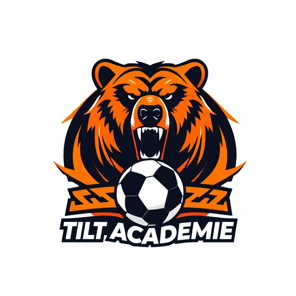 Conception d'un logo dynamique pour "Tilt Académie", un club de football, avec une représentation centrale d'un ourson grizzly illustré avec précision et finesse. Le grizzly est entouré par des éléments graphiques abstraits évoquant la vitesse et la passion du sport, tels que des lignes courbées fluides et des formes géométriques énergétiques. Les couleurs dominantes sont l'orange vif et le noir profond, créant un contraste visuellement puissant. Le design doit être emblématique et instantanément identifiable, reflétant l'esprit compétitif du football. Le nom du club, "Tilt Académie", doit être intégré de manière élégante autour de l'image centrale dans une police moderne et audacieuse qui capture l'attention. Un ballon de soccer est également présent dans le design pour renforcer le thème footballistique. L'ensemble devrait traduire une harmonie parfaite entre tradition et modernité, idéal pour un blason ou une mascotte sportive