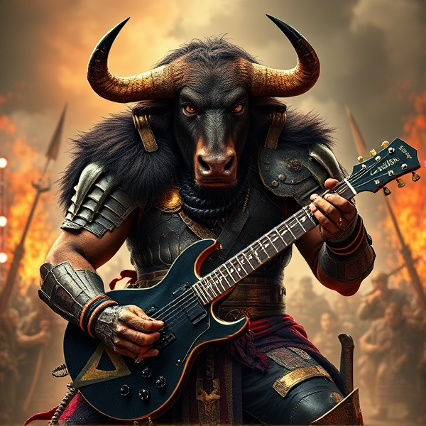 Créer une image détaillée d'un minotaure imposant en armure de guerrier, avec un corps et une tête de taureau féroce et des yeux perçants. Le minotaure tient dans ses mains robustes une guitare hache Gene Simmons L'arrière-plan évoque un champ de bataille antique ou une scène de concert rock épique.