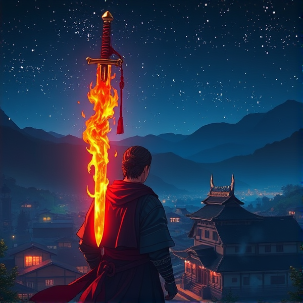 a samurai looking over japanese village at night with a flaming sword with stars in the distance