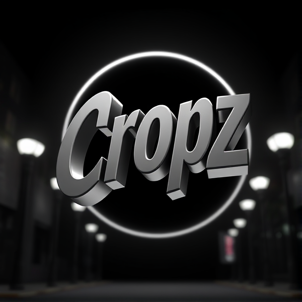A highly detailed, high-contrast black and white 3D logo featuring the stylish, sans-serif, bold font word "Cropz" jumping out of a dark background, illuminated by a dramatic ring light that accentuates the model's curved, futuristic edges and smooth, metallic surfaces, evoking a sense of excitement and dynamism, rendered in a vivid, vibrant, high-gradation style reminiscent of Pixar animation, with crisp, sharp lines and geometric shapes, created using the powerful tools of Unreal Engine, Octane Engine, and V-Ray, with an overall aesthetic that is exaggerated, surreal, and eye-catching, taking inspiration from sci-fi and futuristic design.