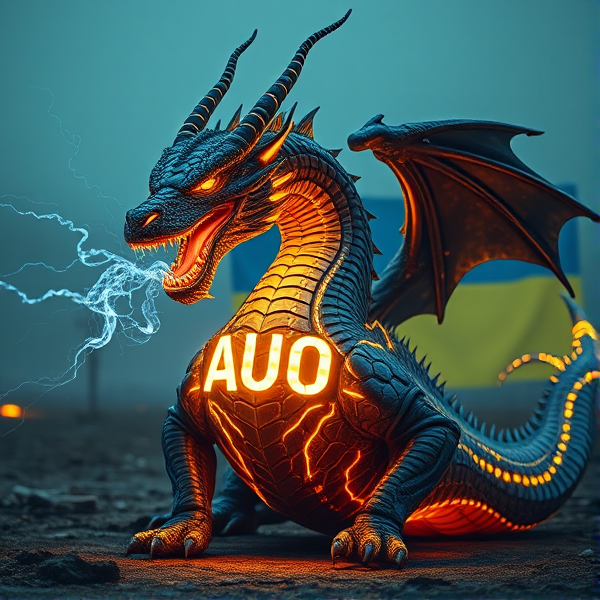 An intricately designed, streamlined dragon bearing the vivid acronym "AUO" on its chest in a radiant, luminous font that casts an electric glow, emanating waves of intense energy. The dragon's scales are a masterpiece of detailed circuit patterns that shimmer with a lifelike electrical pulse. From its nostrils, ethereal streams of digital smoke curl upwards, timed with the deep, resonant roars that showcase its electrified sharp fangs. As a respectful nod to tribute and unity, incorporate elements of the Ukrainian flag within the composition. This majestic creature resides in a desolate post-apocalyptic landscape that accentuates its powerful presence. In the background is the Ukrainian flag, a rectangle, with the top half blue and the bottom half yellow..
