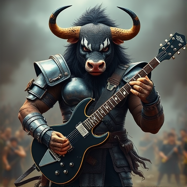Créer une image détaillée d'un minotaure imposant en armure de guerrier, avec une tête de taureau féroce et des yeux perçants. Le minotaure tient dans ses mains robustes une guitare électrique noire et argentée stylisée comme une hache, inspirée par celle de Gene Simmons du groupe Kiss. L'arrière-plan évoque un champ de bataille antique ou une scène de concert rock épique.