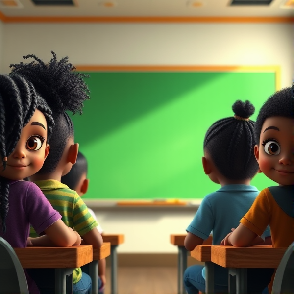 des filles noires de huit ans avec des tresses africaine et garçons assis dans une classe face au tableau vert