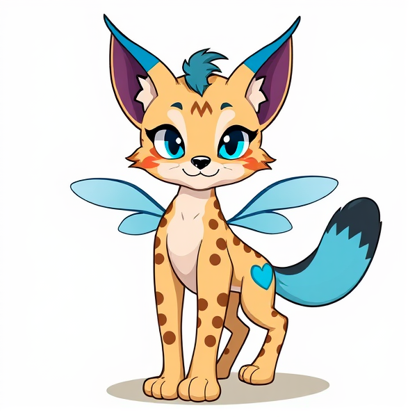 Lynx beige fursona furry with brown and blue markings and blue ears, star blue antennae with 2 bug wings and 4 arms. Cartoony silly little Lynx fursona scenecore with a blue hair tuft. Standing on two legs and  no lighter markings standing on two legs. Blue inside the ears and a blue and brown heart on her tail. Her tail fades into a dark and a lighter blue. Standing on 2 legs on 2 legs not on 4 legs she is standing on two legs two of them and she’s standing on 2 legs like a human but she isn’t human okay.