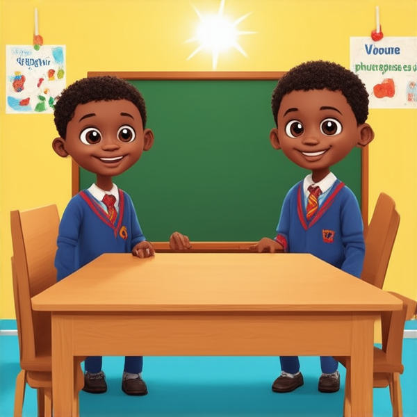 deux garçons noirs de 14 ans, vêtue d'uniforme scolaire , debout souriante et concentrée devant un tableau noir rempli de regles d'orthographe en français  dans une salle de classe ensoleillée et colorée avec des bureaux en bois et des affiches éducatives sur les murs