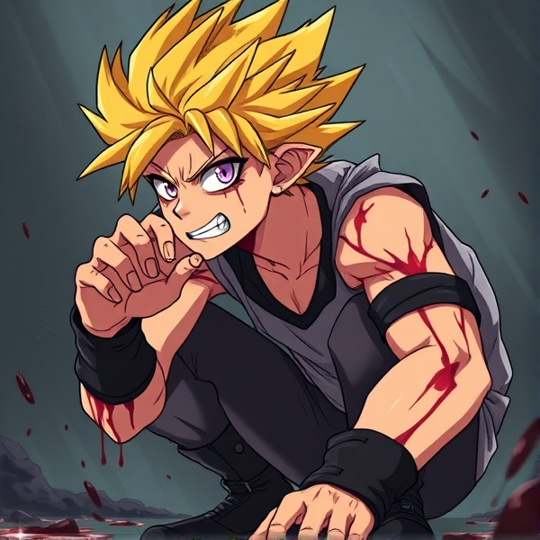 My hero academia anime cartoon style original character with vibrant blonde spikey and jagged hair exuding an aura of malevolence. Embodies the essence of evil as a villain at the young age of 15. Male Donning a signature villain costume that's sleeveless to showcase his battle-worn scars adorning his arms, which are accentuated by straps wrapped tightly around each bicep. His eyes, a piercing shade of purple, glare with malevolent intent. The costume is tight-fitting.  Captured in a dynamic side view, he is crouched down low to the ground, knees bent and looking upward hands are reaching out to touch some His expression twists into a very evil sneer as he locks eyes intently on someone out of frame. To complete this menacing image, he is drenched in blood that seems fresh from a recent conflict, adding an element of horror and intensity to his villainous persona and he's looking up and forward. The pov is from the side.