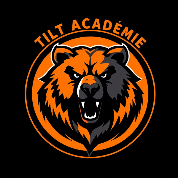 Logo d'équipe de soccer dynamique avec un grizzly féroce comme emblème central, couleurs dominantes orange et noir, forme circulaire avec une bordure noire épaisse, texte "Tilt Académie" en caractères audacieux et modernes sur le haut du cercle, fond stylisé évoquant le mouvement et la passion du sport, des éléments de football subtils intégrés dans le design